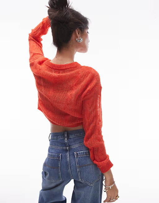 Topshop knit sheer cable cardigan in red | ASOS (Global)