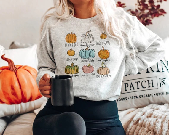 Pumpkin Sweatshirt, Pumpkin Patch Farm Shirt, Pumpkin Varieties, Cute Fall Sweatshirt, Halloween ... | Etsy (US)