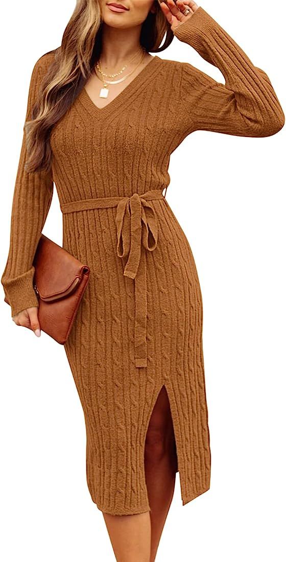 MEROKEETY Women's V Neck Cable Knit Sweater Dress Long Sleeve Bodycon Slit Pullover Midi Dress with  | Amazon (US)