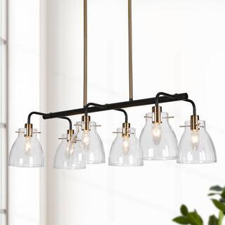 6-Light Brass Gold Island Hanging Chandelier Lighting, Black Linear Pendant Light with Clear Glas... | The Home Depot
