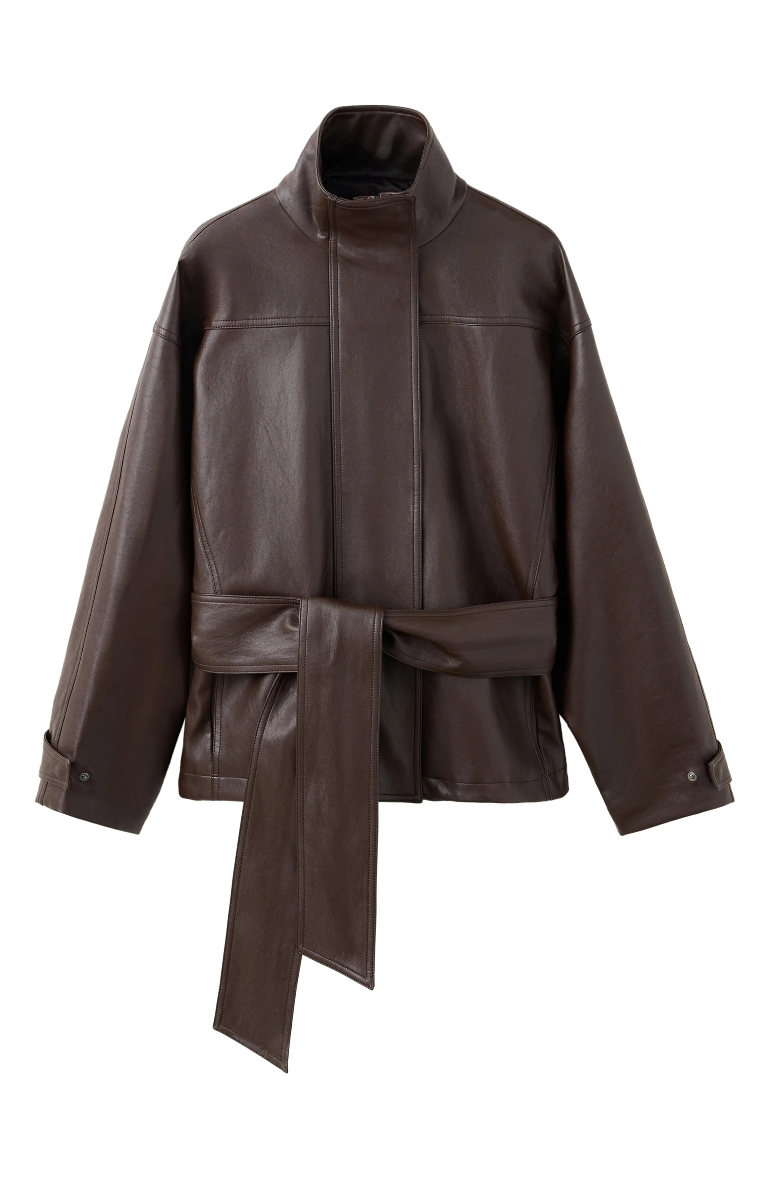MANGO Oversize Belted Faux Leather Jacket in Chocolate at Nordstrom, Size X-Large | Nordstrom