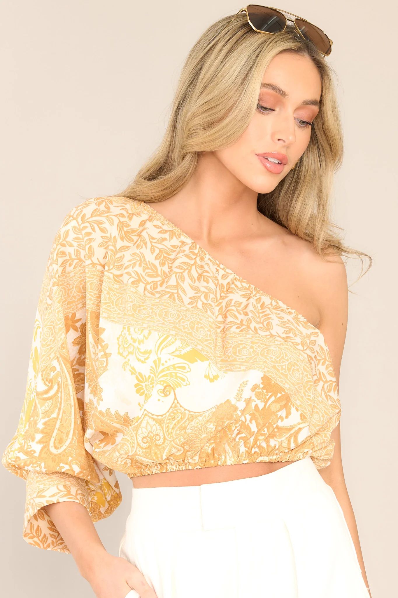 Glowing Girl Mustard Print One Shoulder Cropped Top | Red Dress