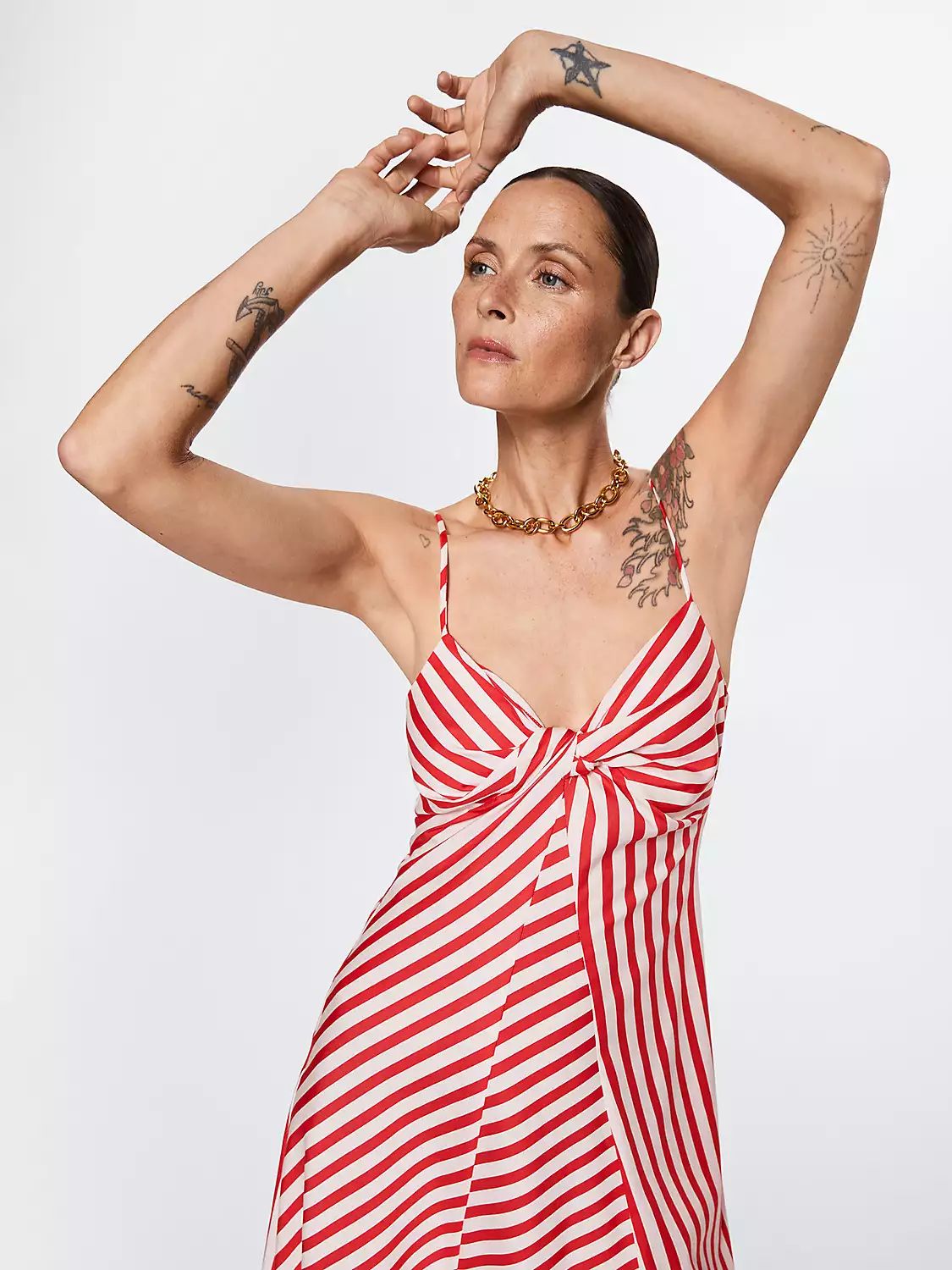 Mango Aveiro Stripe Twist Neck Midi Dress, Natural White/Red | John Lewis (UK)