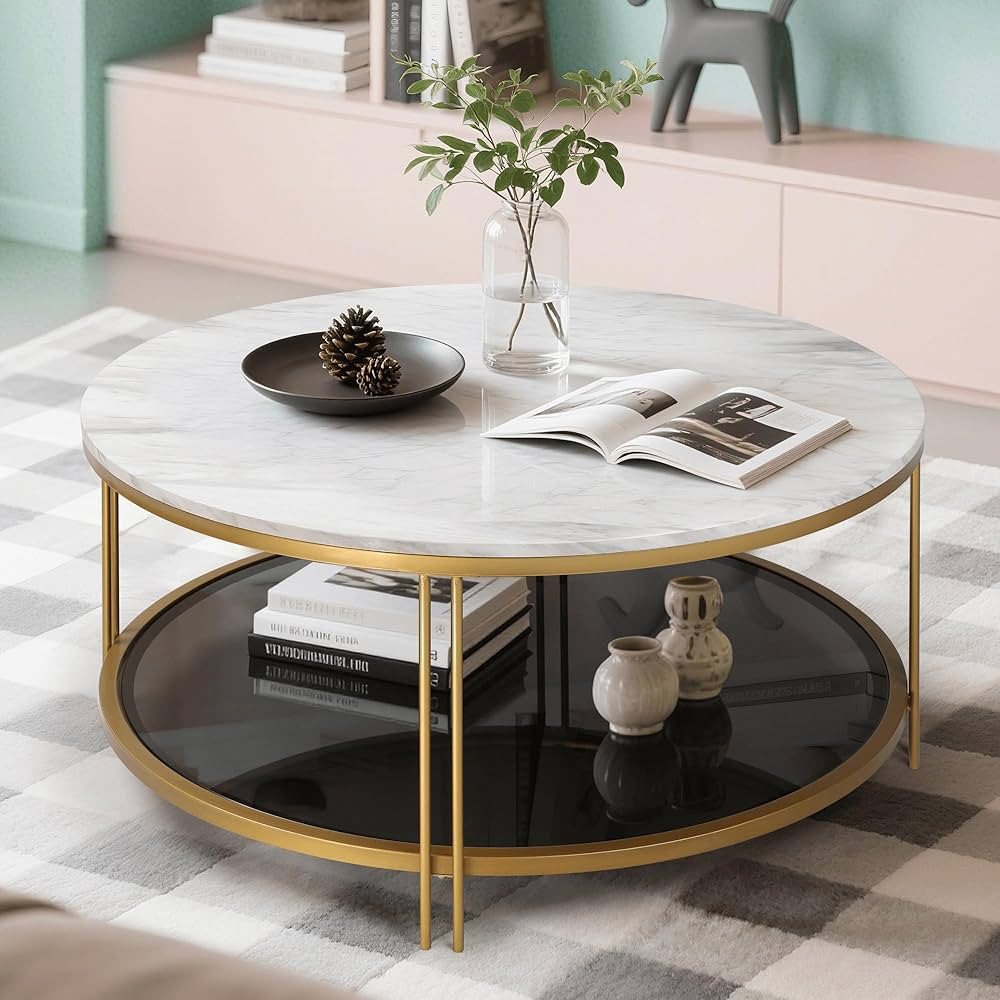 Modern Round Coffee Table with Faux Marble Top, Smoky Tempered Glass Shelf, Gold Metal Frame, 36"... | Amazon (US)