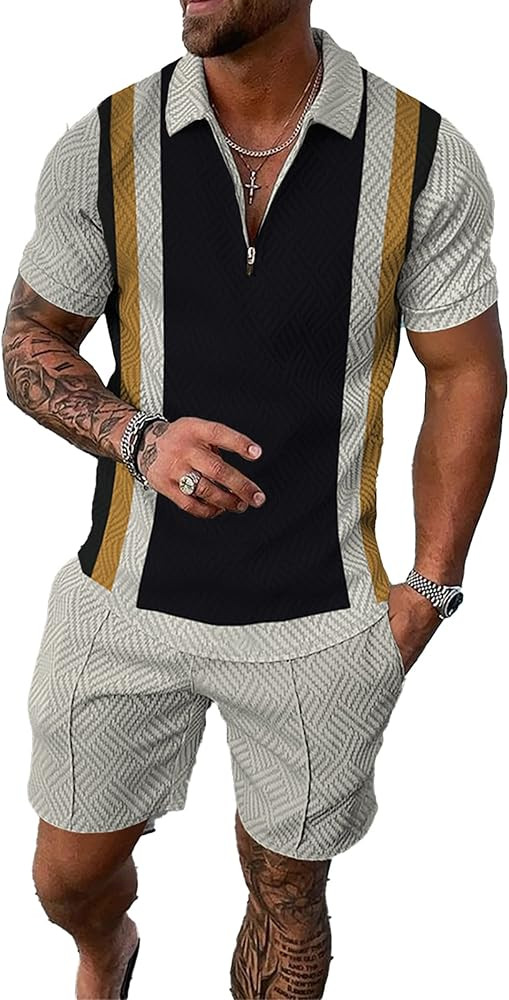 men's short sets outfits 2 piece summer tracksuit short sleeve polo shirt and shorts set casual s... | Amazon (US)