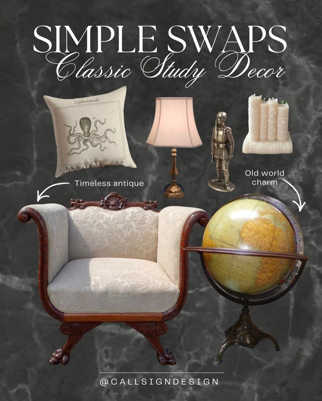 Timeless study decor that feels rich and inviting, from a luxurious sofa to an antique oversized globe. Thoughtful, classic pieces create a space that feels intellectual, comfortable, and beautifully collected. 

#StudyDecor #TimelessInteriors #ClassicHome #CollectedStyle #HomeDecor #InteriorStyling #DesignDetails #callsigndesign