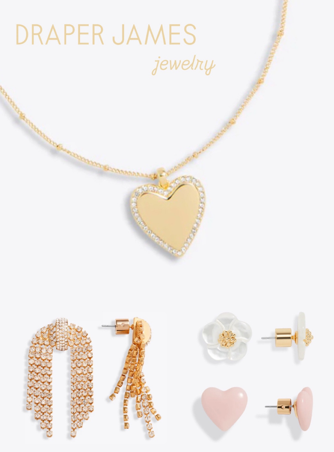 Draper James jewelry. Gold heart necklace. Gold rhinestone drop earrings. Pearl flower earrings. Pink heart stud earrings.