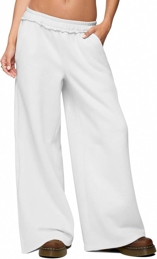 HeSaYep Womens Fleece Lined Sweatpants Wide Leg Baggy Thermal Lounge Pants Raw Hem Elastic Waist ... | Amazon (US)