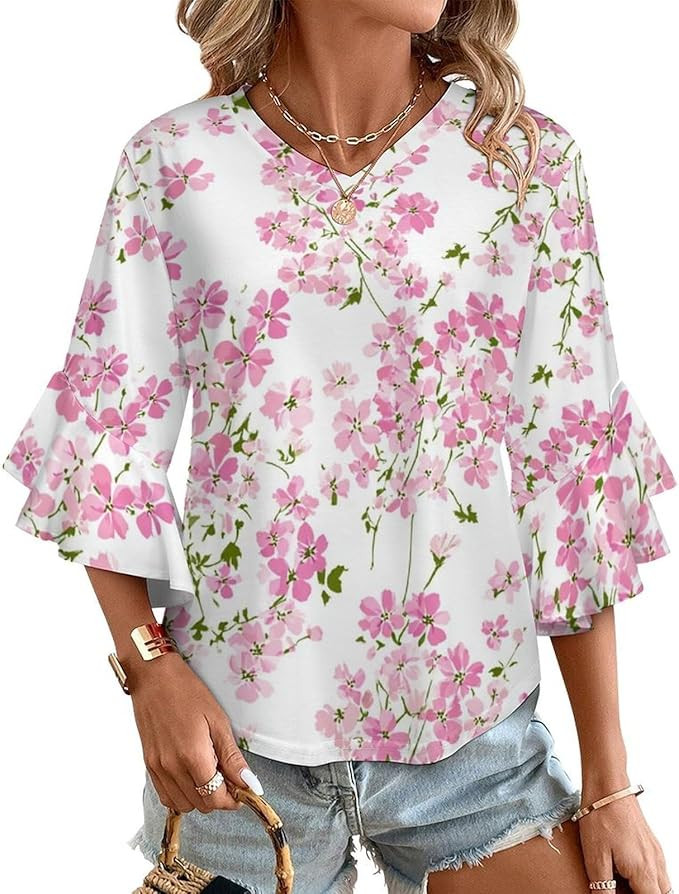 Striped Print Womens Casual Blouses 3/4 Ruffle Sleeve Top V Neck Summer Tee Shirt 3X-Large | Amazon (US)
