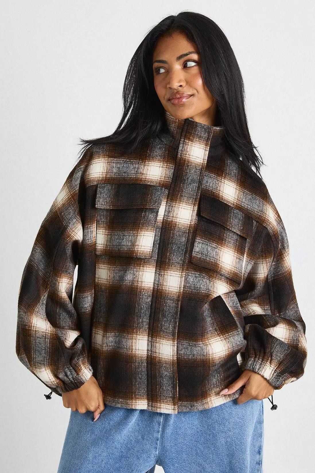 Check Funnel Neck Wool Look Bomber Jacket | boohoo (US & Canada)