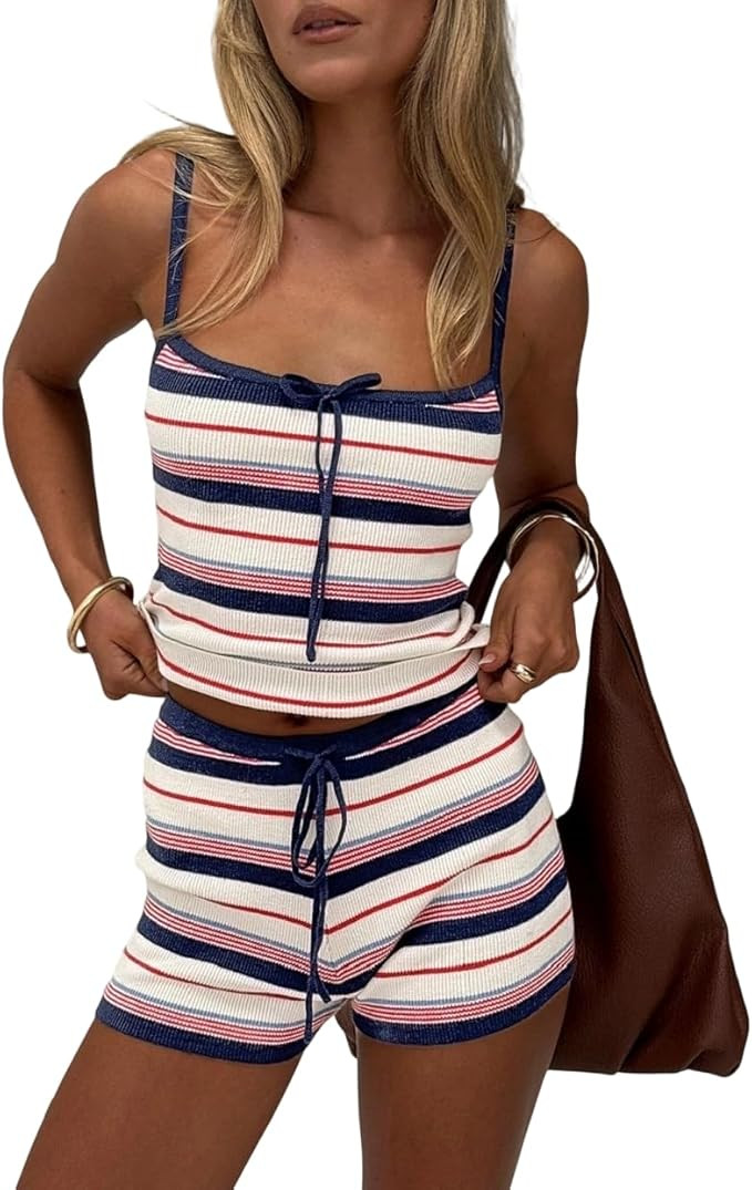 Seyurigaoka Women 2 Piece Striped Set Colorful Striped Knit Tank Top Mini Shorts Set Beach Vacati... | Amazon (US)