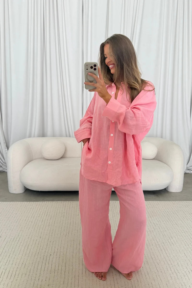 Peyton 100% Linen Button Down Shirt in Bubble Gum | Worth Collective