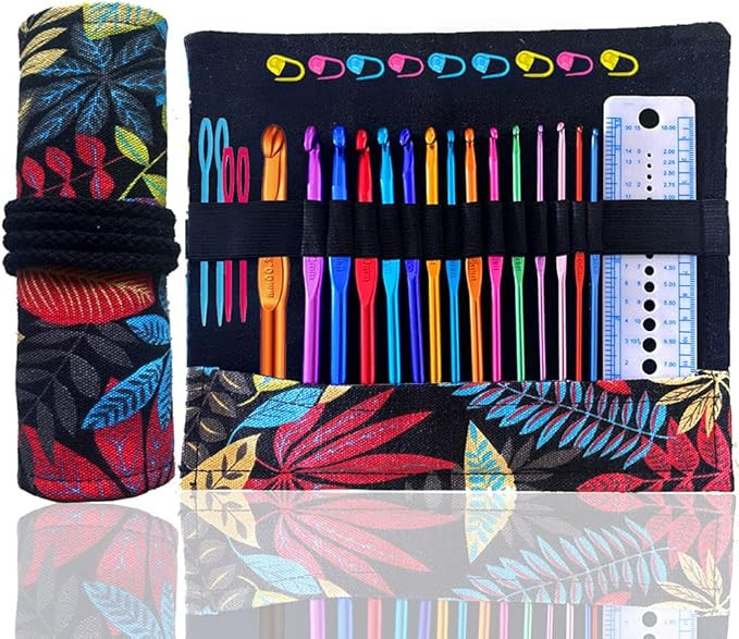 15 Sizes Aluminum Crochet Hooks Set Needles Ergonomic in Roll Crochet Hook Case Large-Eye Yarn Ne... | Amazon (US)