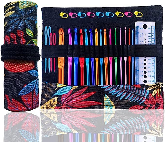 15 Sizes Aluminum Crochet Hooks Set Needles Ergonomic in Roll Crochet Hook Case Large-Eye Yarn Ne... | Amazon (US)