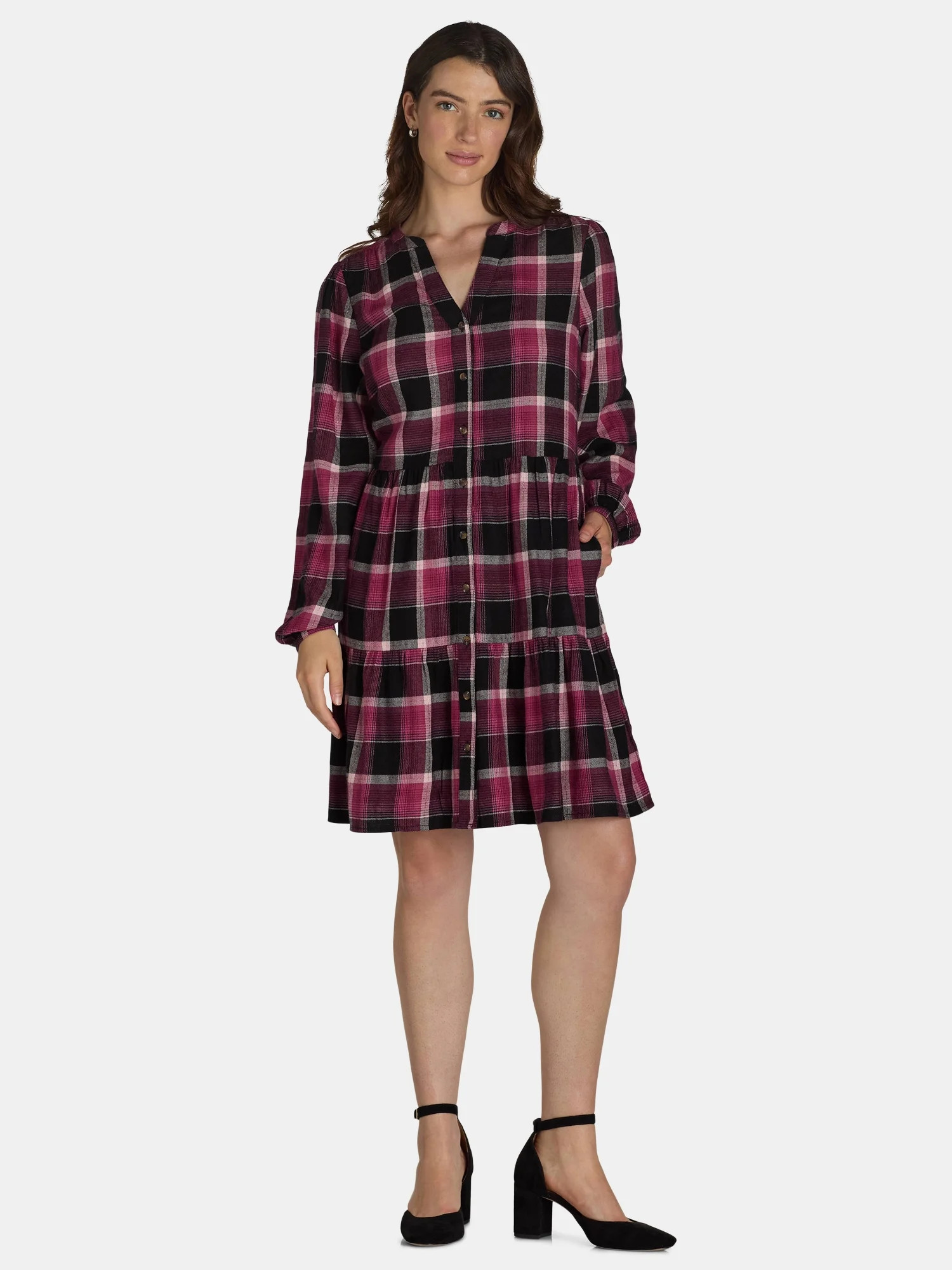 Time And Tru Women's and Women's Plus Tiered Plaid Shirt Dress, Sizes XS-4X | Walmart (US)