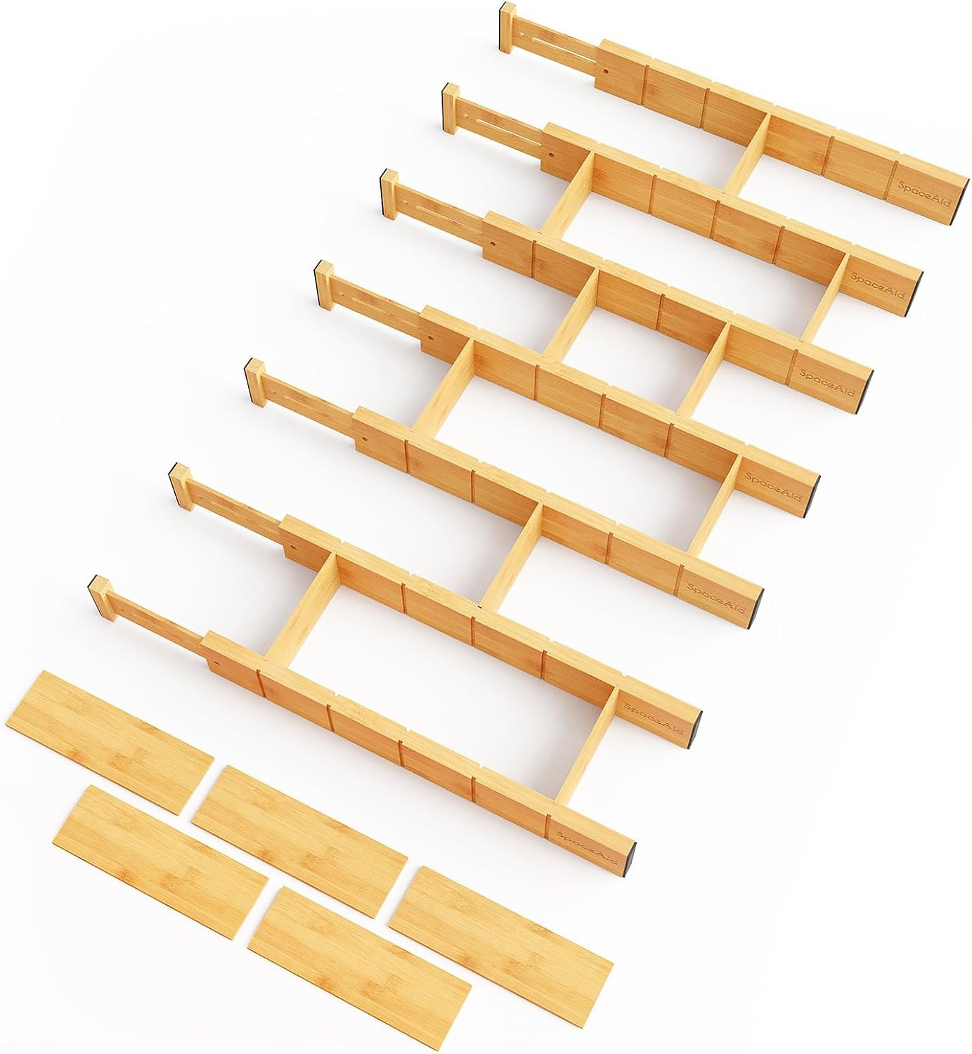 SpaceAid Bamboo Drawer Dividers with Inserts and Labels, Kitchen Adjustable Drawer Organizers, Expandable Organization for Home, Office, Dressers, 7 Dividers with 15 Inserts (17"-22" Natural) | Amazon (US)
