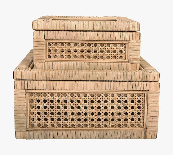 Woven Rattan And Wood Boxes, Set of 2 | Pottery Barn (US)
