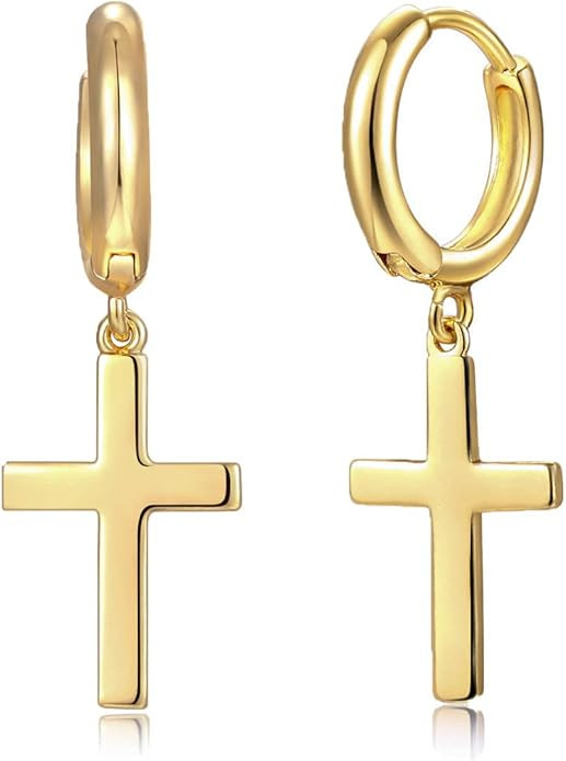 MYEARS Women Cross Earrings Gold Huggie Hoop Dangle Drop 14K Gold Plated Small Simple Hypoallerge... | Amazon (US)