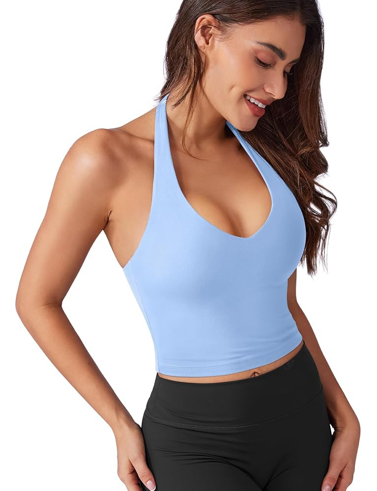 VOYJOY Women Halter Crop Top Padded V Neck Backless Sleeveless Workout Halter Tank Tops Going Out... | Amazon (US)