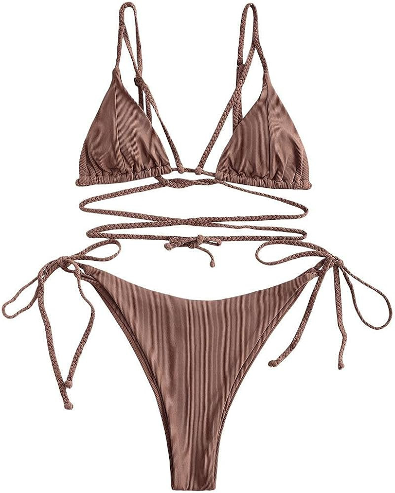 ZAFUL Women's Bikini Swimsuit Ribbed Tie Side Bathing Suit Scrunch Butt String Thong Bikini Set | Amazon (US)