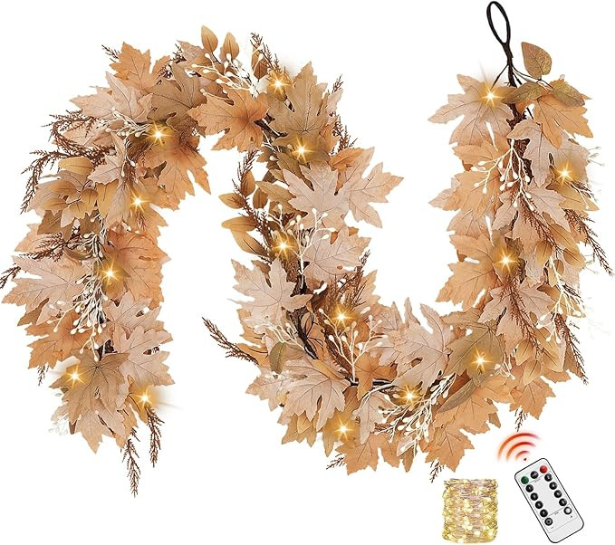 Neutral Fall Garland with Lights - 6 Ft Lighted Fall Felt Leaves for Mantle Outdoor Decor Light U... | Amazon (US)