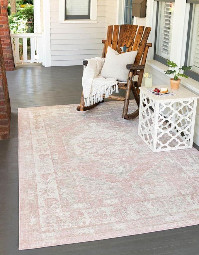 Unique Loom Outdoor Traditional Collection Area Rug - Valeria (9' x 12' 2" Rectangle, Pink/ Ivory... | Amazon (US)