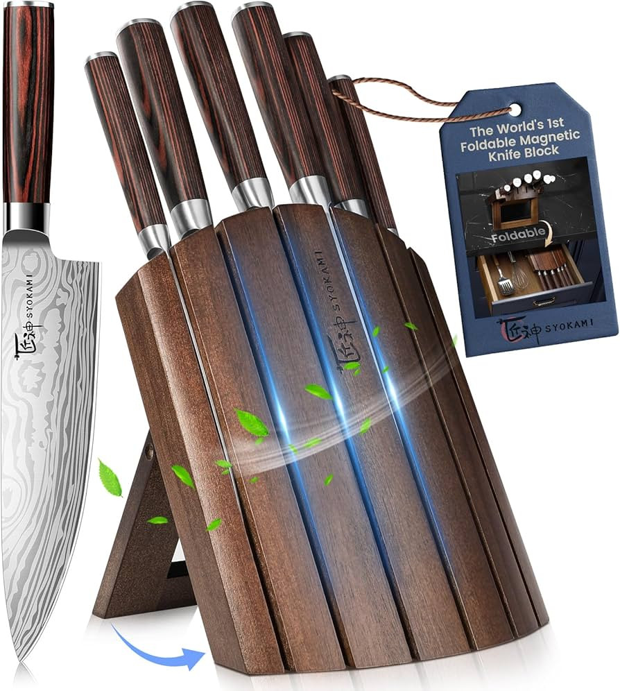 Knife Set 7 Piece Japanese Style Kitchen Knife Set With Foldable Magnetic Acacia Wood Block Sharp... | Amazon (US)