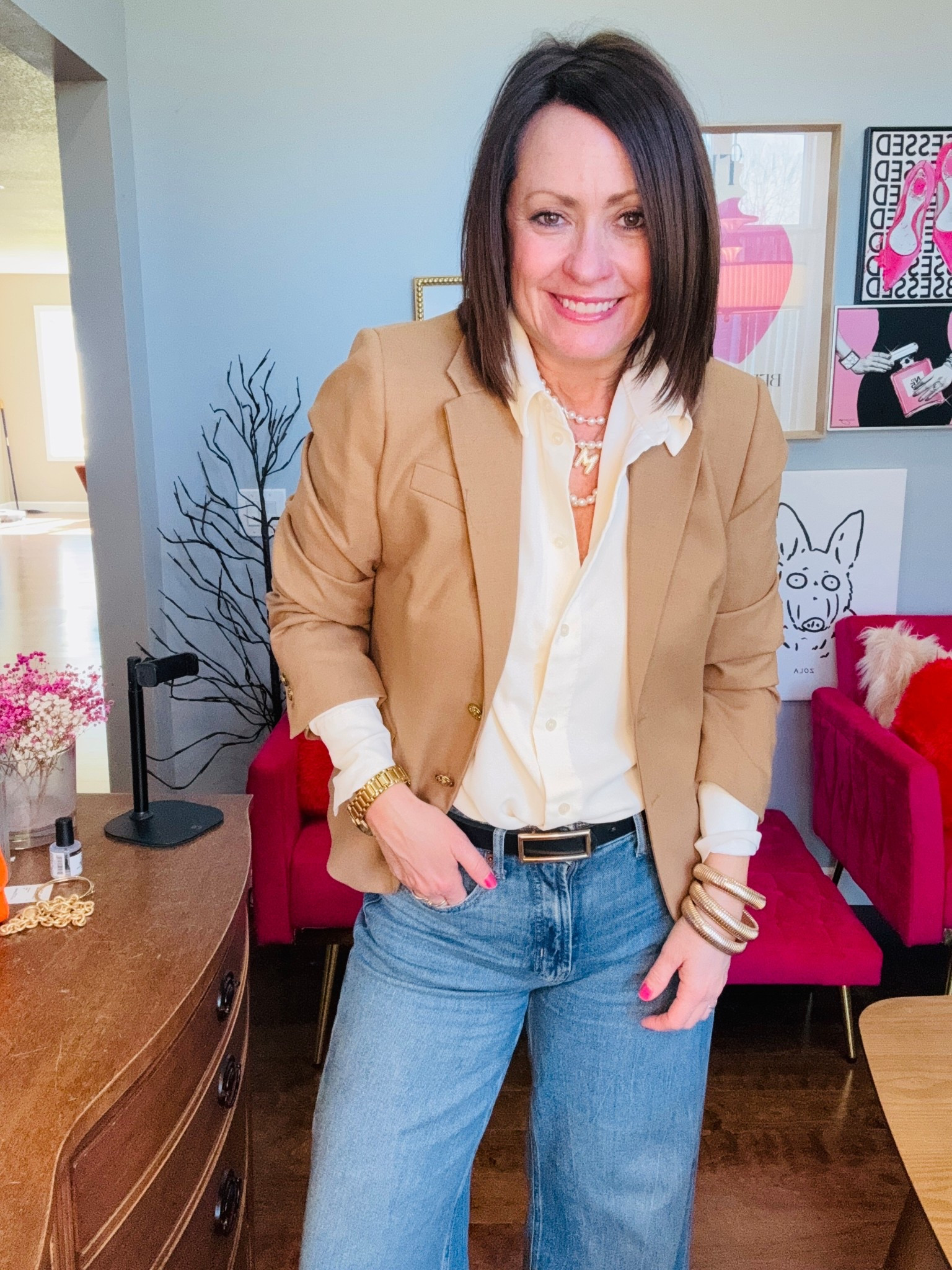 My Monday WFH outfit!!!  Hope you love 

Wide leg denim 
Camel classic blazer 
Leopard sling backs 

#LTKootd #LTKWorkwear #LTKOver40
