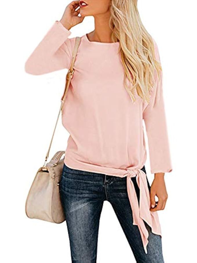 VYNCS Women's Casual Crew Neck Knot Tie Front Blouse Solid Loose Fit Long Sleeve Tee Top T-Shirt Blo | Amazon (US)