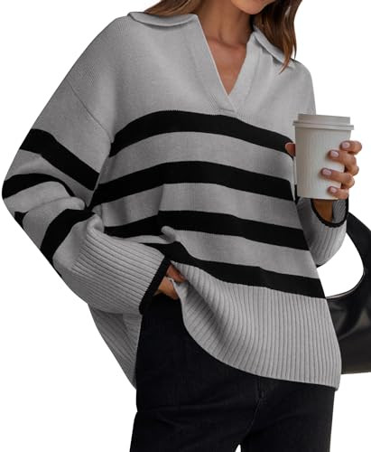 ZESICA Women's 2025 Fall Winter Sweaters Lapel V Neck Long Sleeve Striped Chunky Knit Oversized P... | Amazon (US)