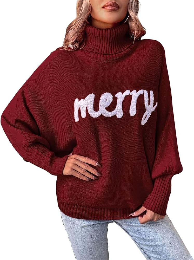 iTranyee Women Ugly Christmas Oversized Turtleneck Pullover Sweater Cute Merry Print Batwing Slee... | Amazon (US)