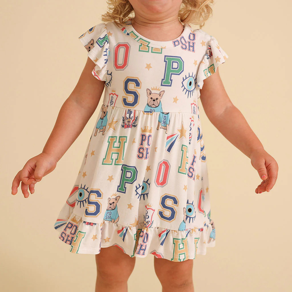 Varsity Beige Ruffled Baby Bodysuit Dress | Brooke | Posh Peanut