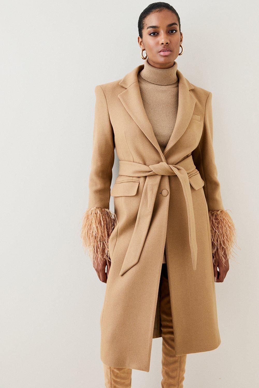 Italian Virgin Wool Feather Cuff Tailored Coat | Karen Millen US