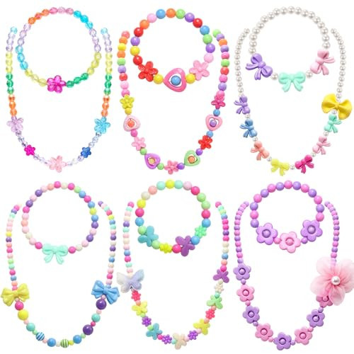 KELENO 6 Set Toddler Jewelry Age 2-4 Little Girls Kids Bead Bracelets Necklace with Colorful Flower Butterfly Bow Dress Up Play Jewelry Party Favors Toy Gifts for Little Princess Birthday Gift | Amazon (US)