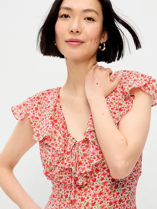 Ruffle-Sleeve Fit & Flare Midi Dress | Old Navy (US)