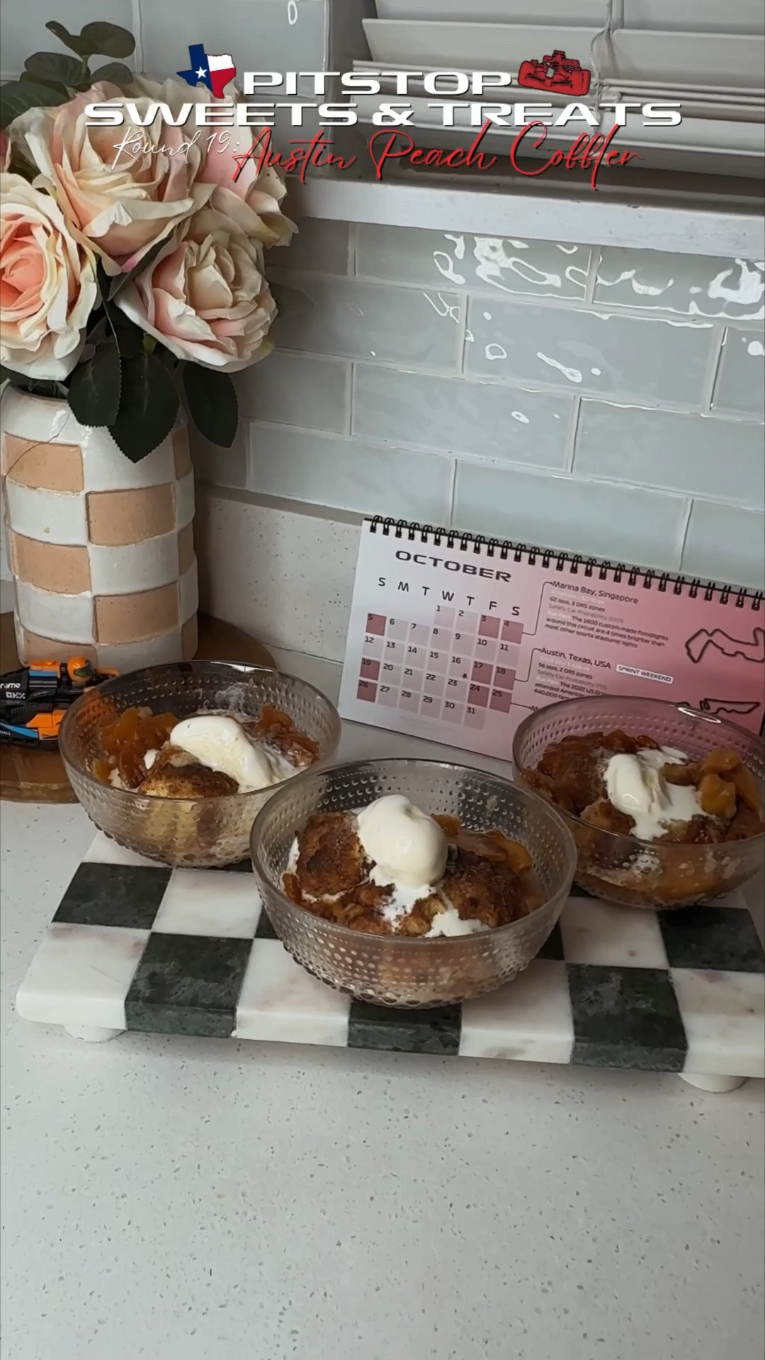 Pit Stop Sweets & Treats Round 19: Austin Peach Cobbler 🇺🇸
.
Welcome back to my second year of making a traditional dessert inspired by our hosting countries. One dessert for each of the 24 stops on the race calendar. 
.
As someone from the south, peach cobbler is a classic beloved dessert
- All the love and go McLaren🩵
.
Recipe I followed is by the blog:
Bare Feet In The Kitchen 
 .
Full In Depth Video & Yap Sesh On My YT 🔗 In B-I-O
.
#series #f1  #bakingaroundtheworld #usgp #peachcobbler

#LTKHalloween #LTKHoliday #LTKGiftGuide