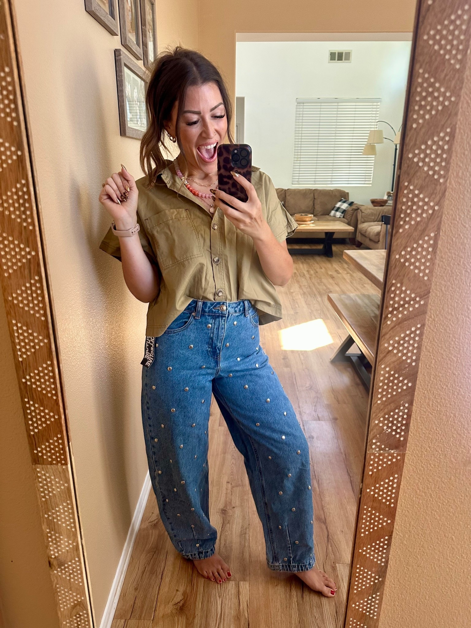 ‼️NEW STUDDED BARREL JEANS‼️ These are SOOOOOO CUTE! I’m in a size 4! Clearance top, super light weight and love the oversized body fit (I’m in a L). I know it’s wrinkled but I just wanted to get this out to you all because I’m SOOOOO IN LOVE with both pieces!  🤩 🤩 🤩 

#LTKMidsize #LTKSaleAlert #LTKFallSale