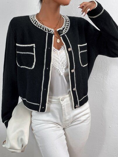 Pearl Beaded Pocket Patched Cardigan | SHEIN