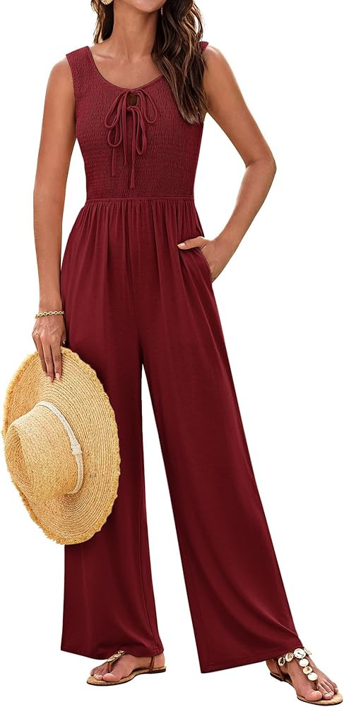 GRACE KARIN Jumpsuits for Women Bow Tie Front Overalls Smocked Tops Wide Legs Casual Knitted Outf... | Amazon (US)