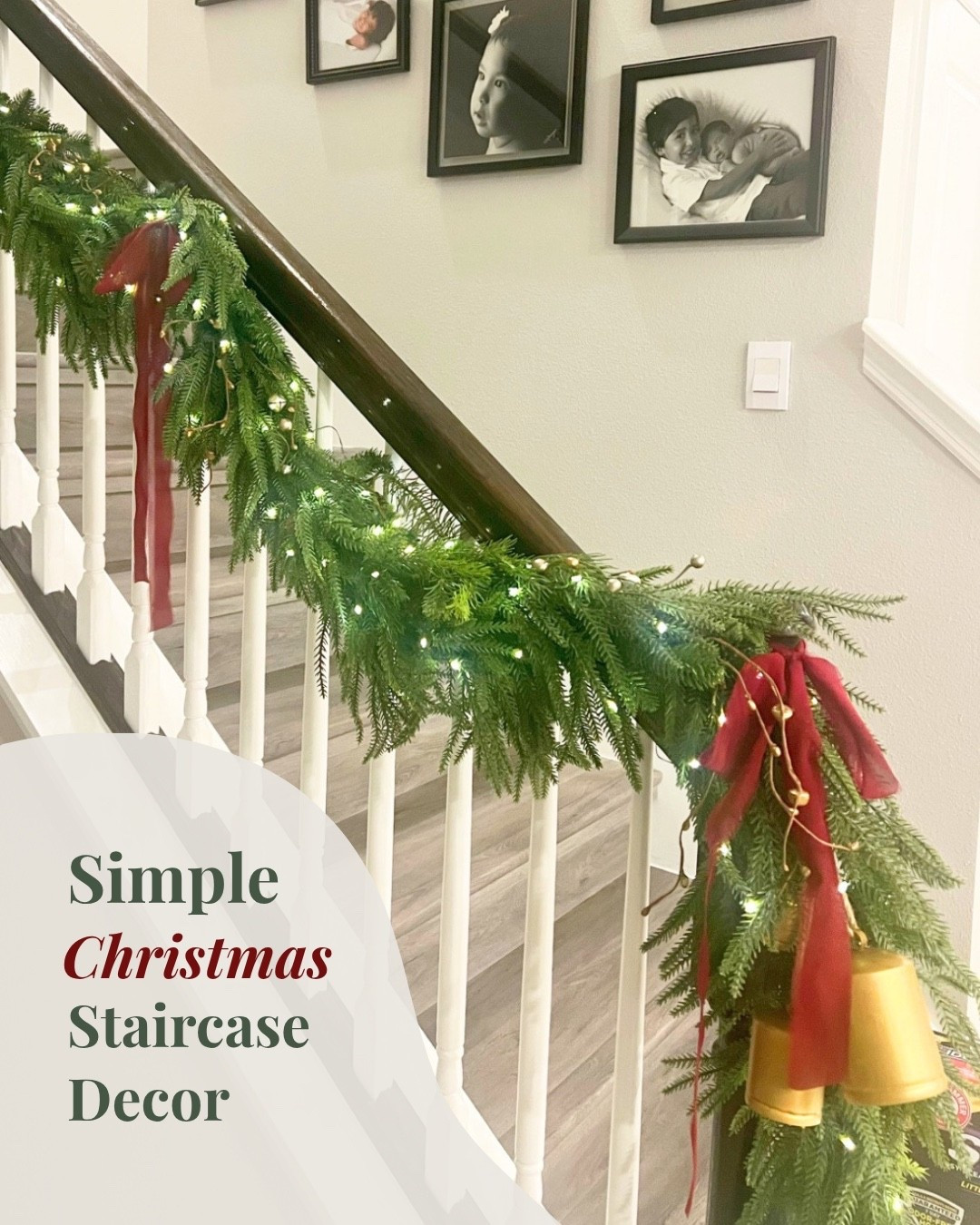 Simple Christmas staircase decor with warm greenery, burgundy velvet ribbon and brass bells. I love how a few classic touches can make the whole entry feel festive.

#LTKSeasonal #LTKHome #LTKmomlife