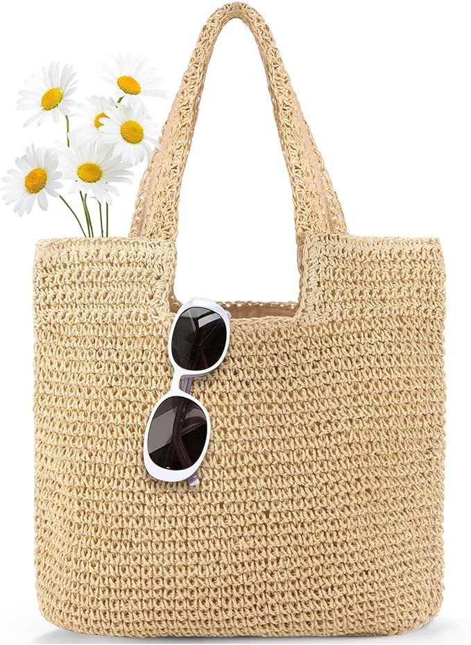 Straw Bag Beach Tote Handbag for Women Large Summer Woven Raffia Bag with Zipper | Amazon (US)