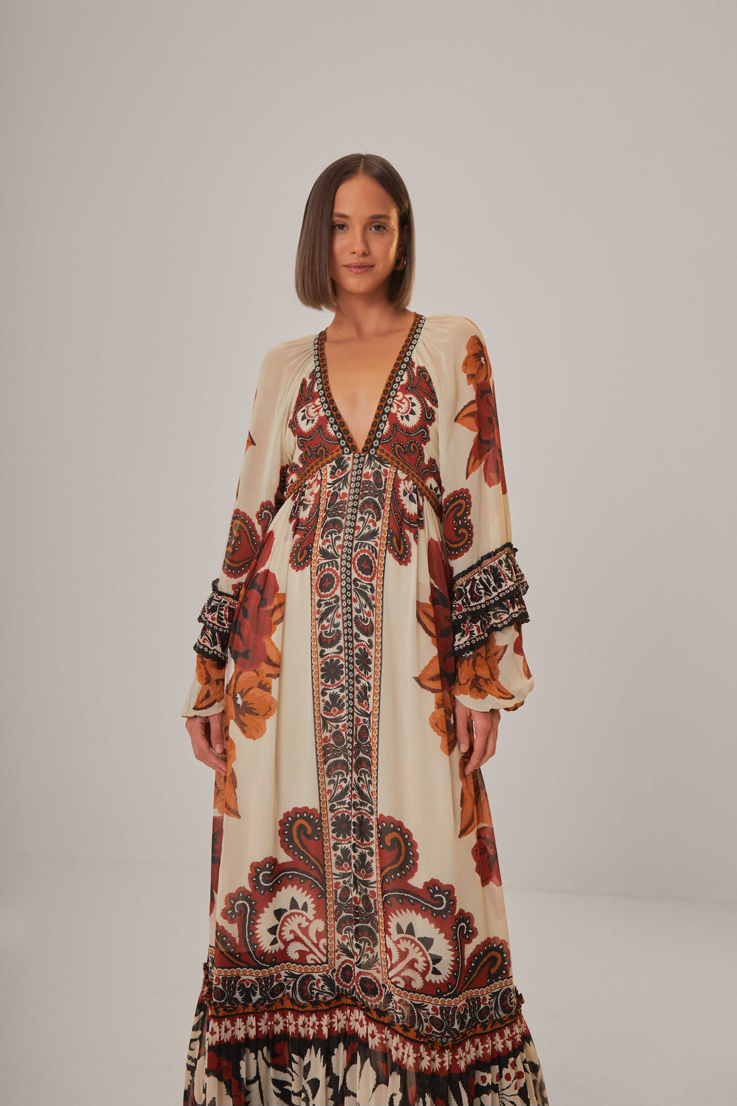 Sand Winter Tapestry V Neck Maxi Dress | Farm Rio EU