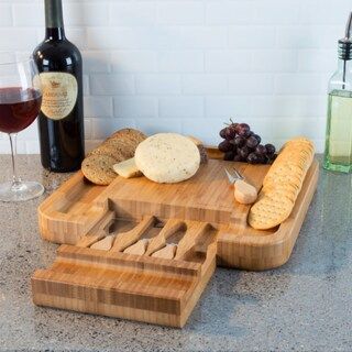 Bamboo Cheese Serving Tray with 4 Piece Stainless Steel Cutlery Set and Storage Drawer | Kroger