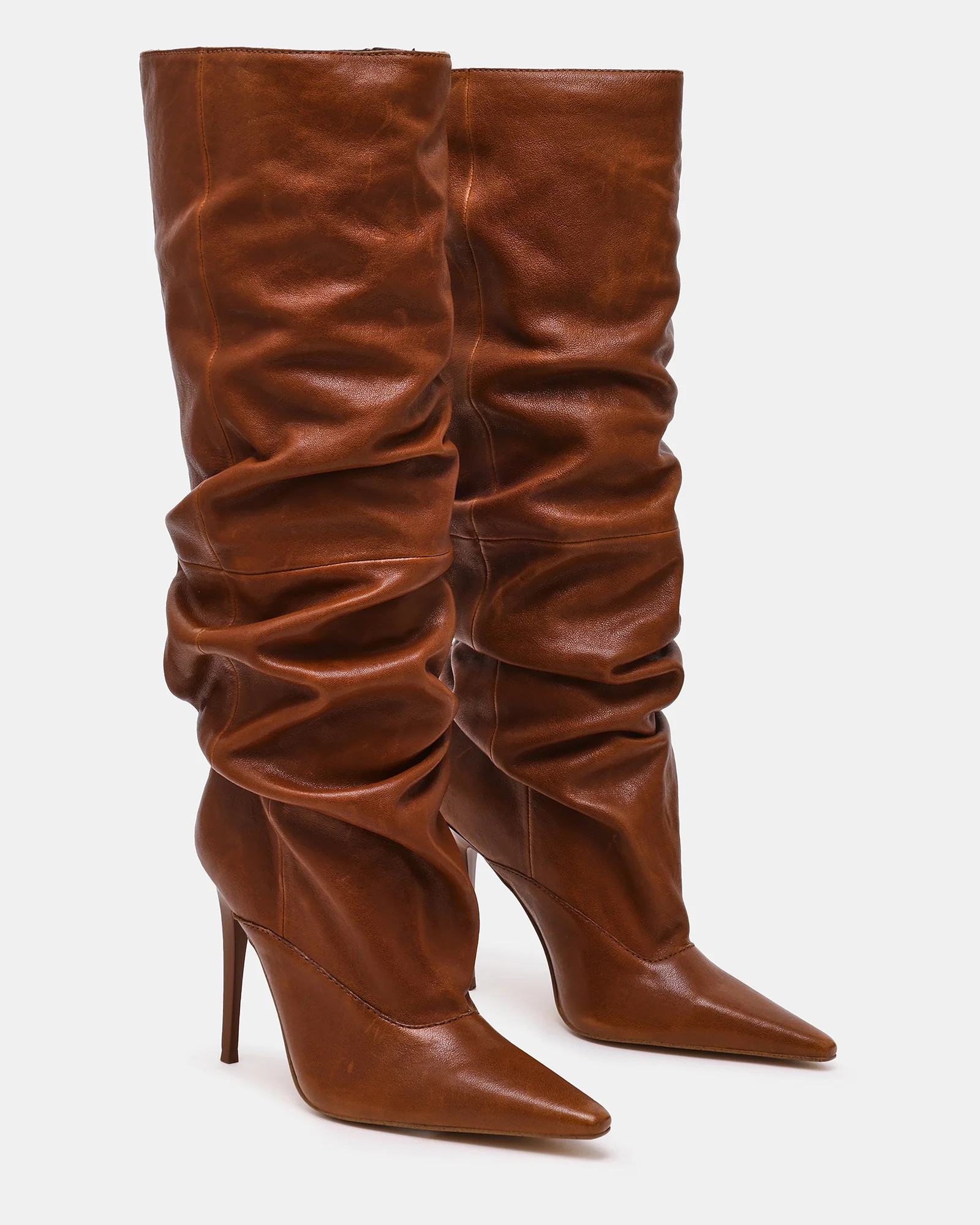ELONA Brown Leather Scrunched Pointed-Toe Knee-High Women's Boot | Steve Madden (US)