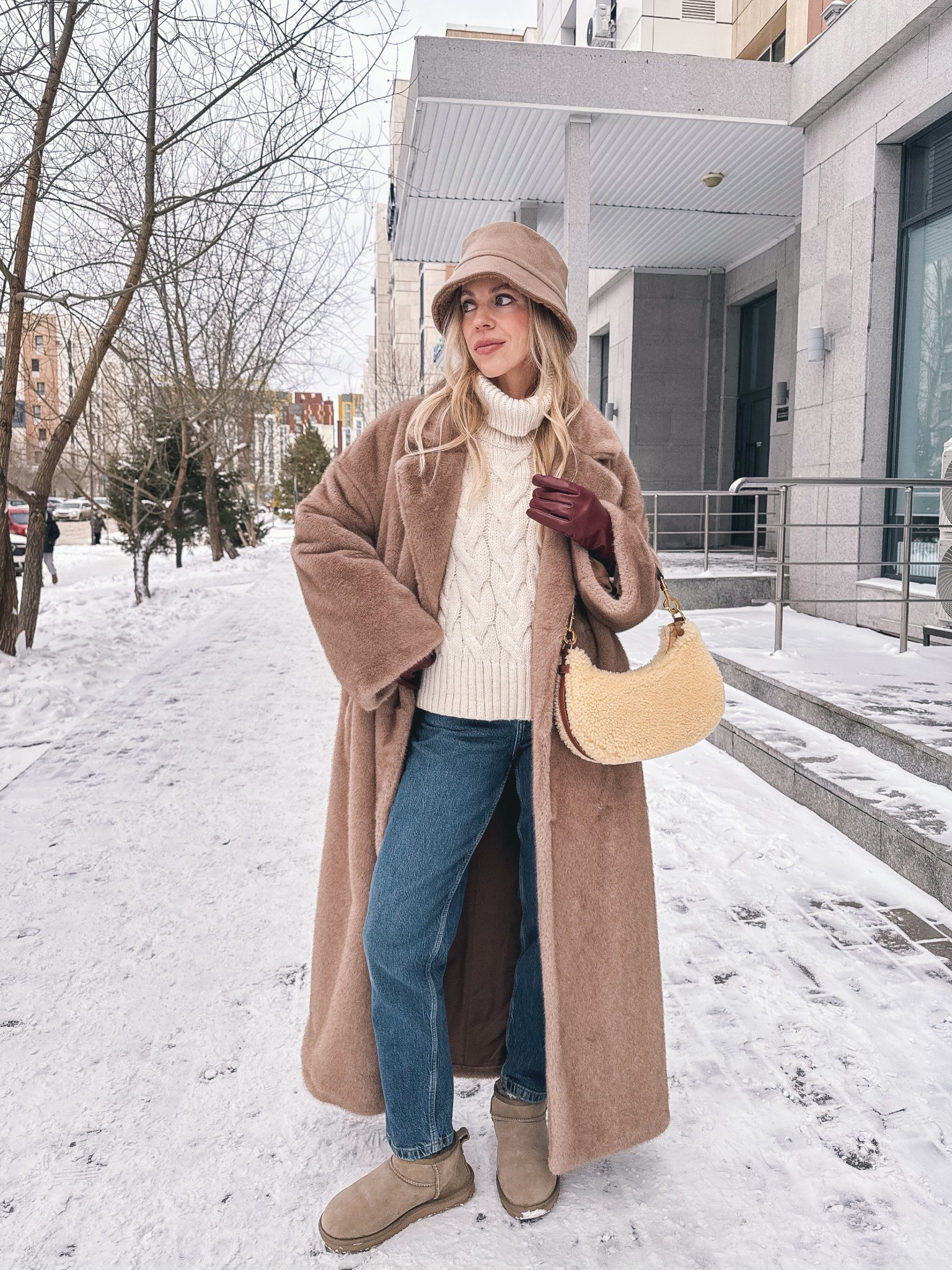 Cozy winter shopping look, holiday style, festive outfit, camel fur coat, cable knit sweater, Zara mom jeans, Ugg ultra mini boots, shearling bucket hat, red leather gloves 

#LTKdayinmylife #LTKFindsUnder50 #LTKHoliday