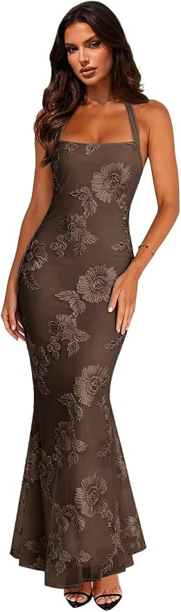 Summer Floral Sleeveless Wedding Guest Maxi Dresses for Women Elegant Halter Mermaid Evening Dres... | Amazon (US)