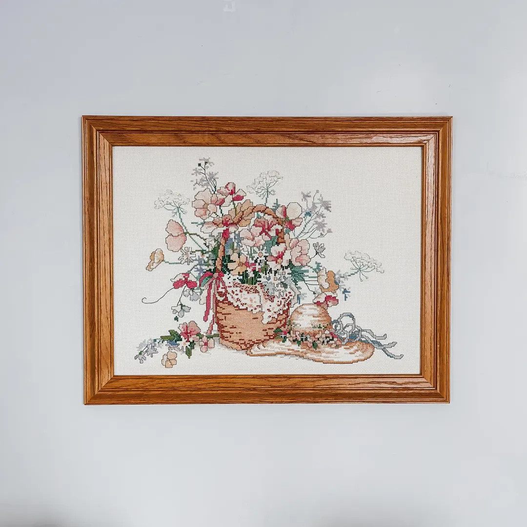 Vintage Framed Cross Stitch | Ribbons N’ Lace Floral Needlepoint | Cottagecore | Grandmacore | Etsy (US)