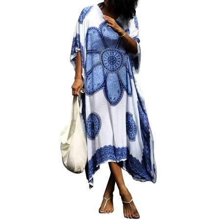 Gergngdo Women s Bikini Cover Ups Middle Sleeve V-Neck Floral Print Loose Robe Dress Summer Sundress | Walmart (US)