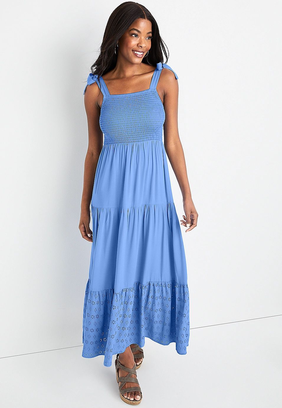 Solid Smocked Shoulder Tie Maxi Dress | Maurices