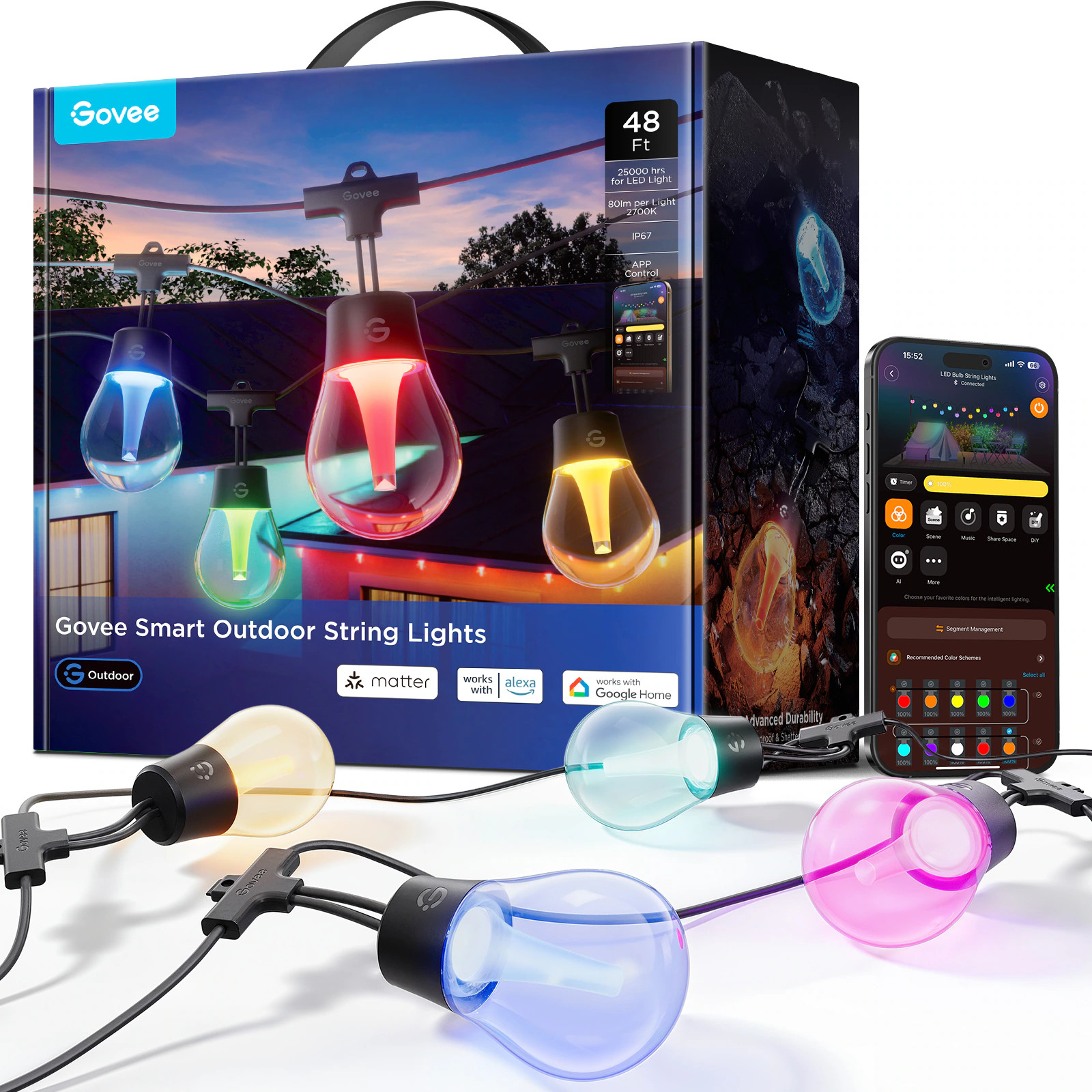 Govee 48-ft Plug-in Clear Indoor/Outdoor String Light with 15 -Light LED Globe Bulbs Bluetooth Compatibility Wi-Fi Compatibility | H8025AB1 | Lowe's